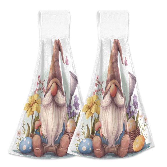 2 Pcs Gnomes Flower Egg Kitchen Hand Towels with Hanging Loops Absorbent Soft Fast Drying Decor Bath Towels