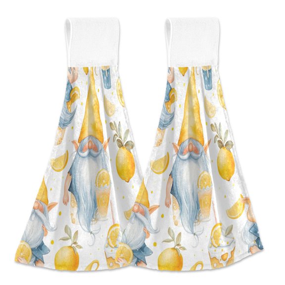 2 Pcs Gnomes and Lemon Kitchen Hand Towels with Hanging Loops Absorbent Soft Fast Drying Decor Bath Towels