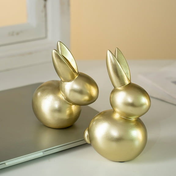2 Pcs Gold Bunny Figurines, Easter Rabbit Décor for Home, Office & Living Room, Modern Minimalist Desktop Resin Sculpture, Cute Golden Bunny Ornaments for Holiday & Festive Decorations