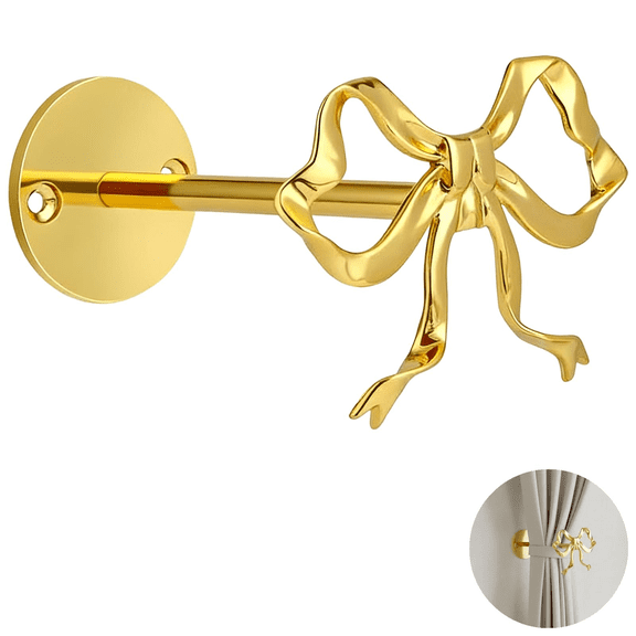 2 Pcs Gold Curtain Holdbacks, Bow Tiebacks with Metal Hooks, Creative Decorative Drape Holdbacks, Zinc Alloy Curtain Tie Backs Wall Mounted for Home, Office Decor