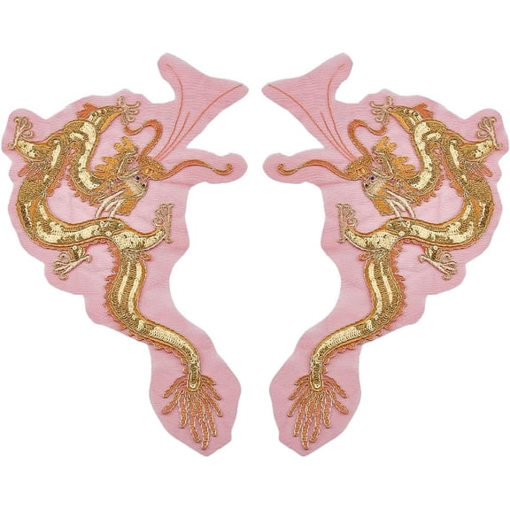 2 Pcs Gold Dragon Embroidery Lace Applique Chinese Dragon 18.1x10.4 Inch Gold Sequins