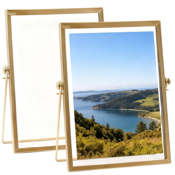 2 Pcs Gold Floating Picture Frame 5x7, Metal and Glass Pressed Picture Frames with Tabletop Stand, Double Sided Modern Photo Frame for Home Decor, 5.9 x 8.1 in