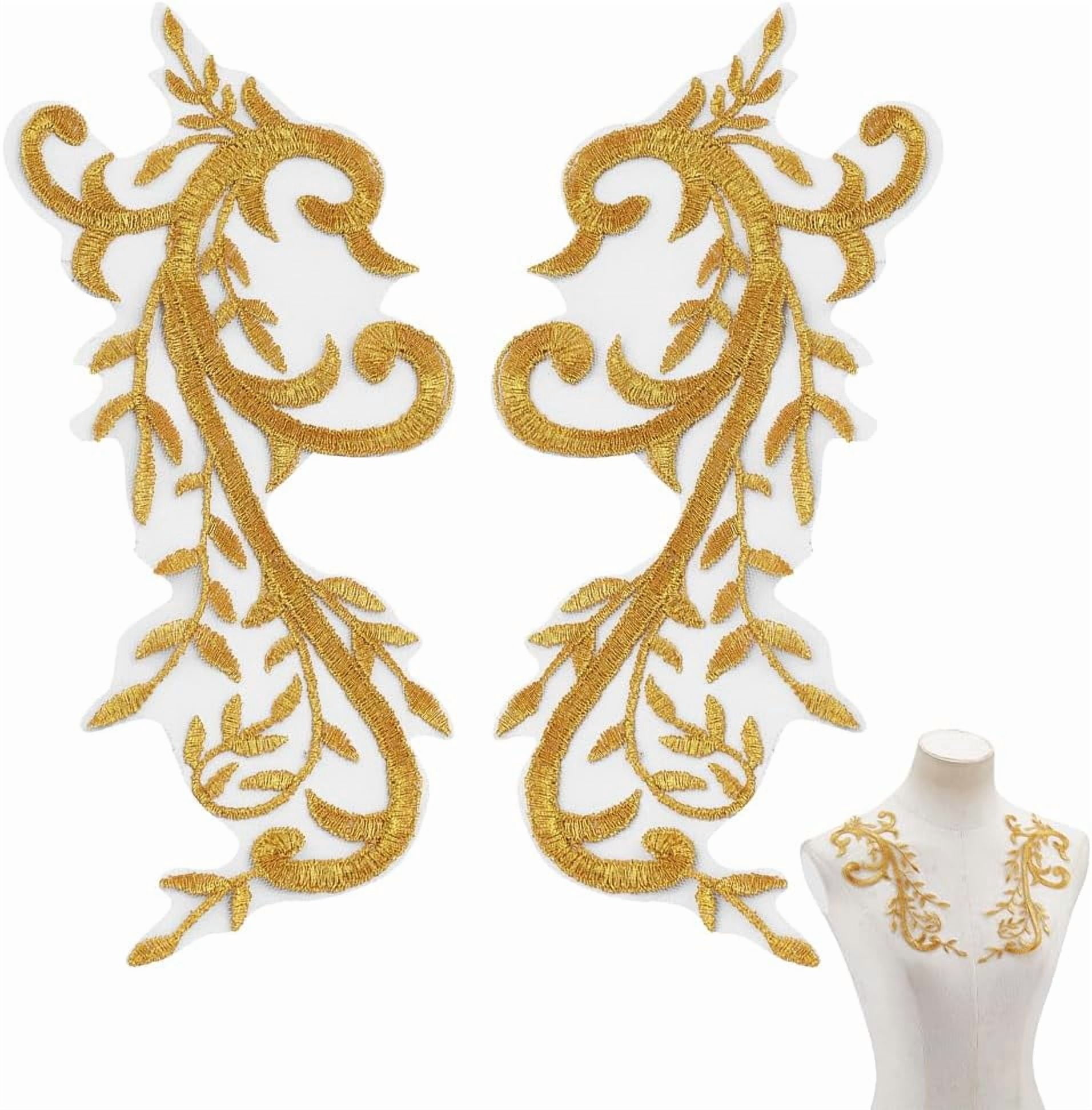 2 Pcs Gold Flower Embroidery Patch Gold Lace Applique Golden Floral Appliques Sew on Patches for Wedding Dress Decoration Repair Clothing Backpacks 