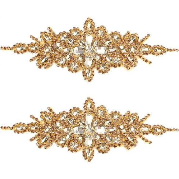 2 Pcs Gold Flower Rhinestone Applique Belt 9x24cm/3.5x9.4Inch Rhombus Diamond Sewing Appliques Iron on/Sew Rhinestone Patch for Bridal Dress Bridal Sash Wedding Headband Wedding Belt Colorful