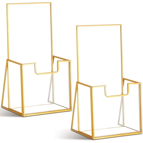 2 Pcs Gold Glass Brochure Holder Stand 4 Inch Countertop Clear Literature Trifold Pamphlet Flyer Display for Magazine, Booklets, Menu, Journals