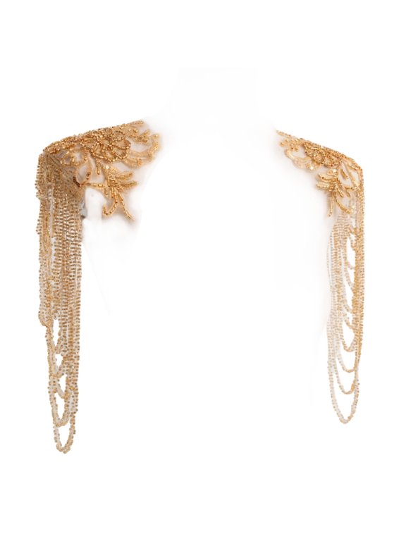 2 Pcs Gold Sequin Beaded Epaulettes, Tassel Shoulder Patches for Wedding Dress, Ball Gown, Prom Dress DIY Embellishments