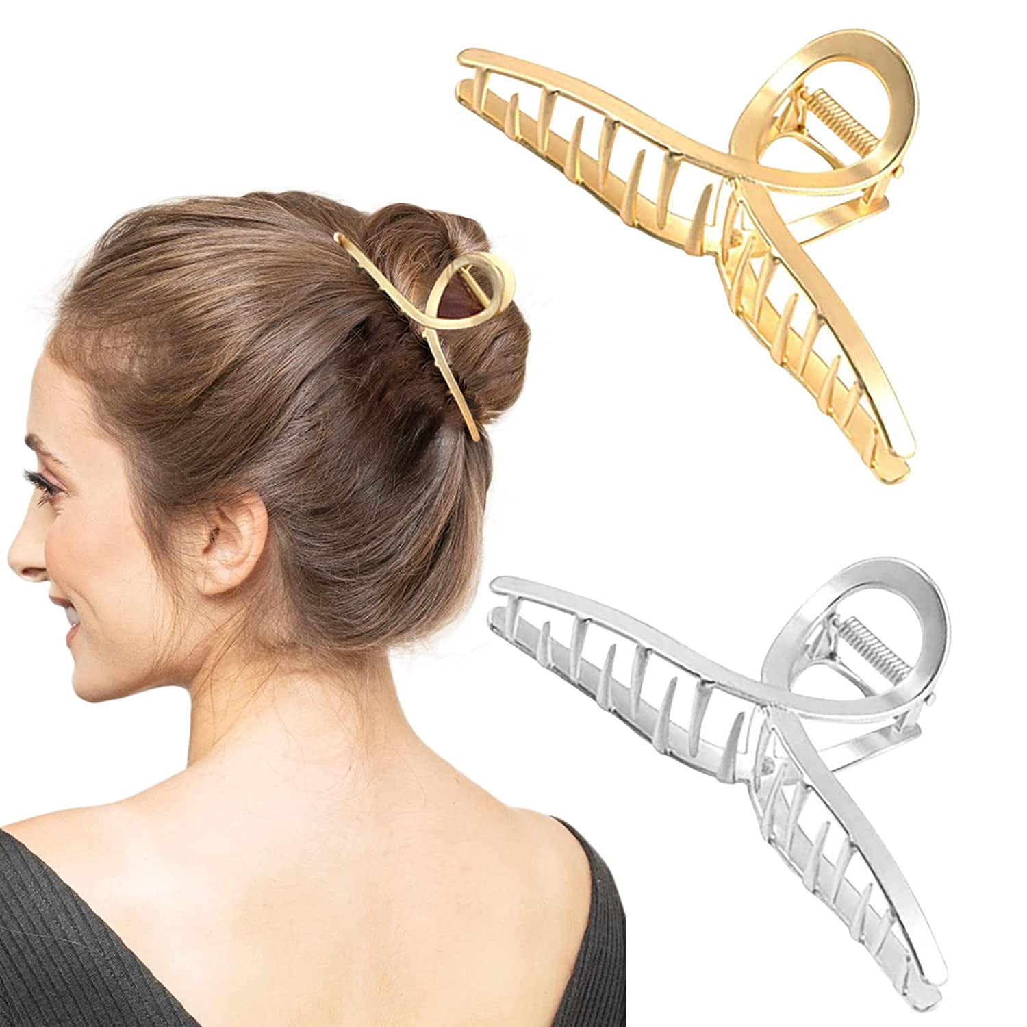 2 Pcs Gold Silver Metal Hair Clips for Women Big Hair Clips Nonslip Metal Hair Claw Clips for Thick Hair Wedding Hair Clips Bride Hair Accessories for Women and Girls Jumbo Hair Clip Metal Type A