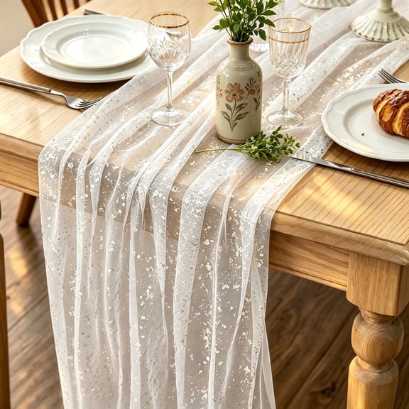 2 Pcs Gold Table Runners, 10FT Beige Foil Gauze Table Runner for Wedding Party Birthday Anniversary Table Decor