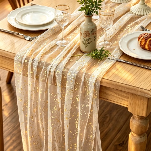2 Pcs Gold Table Runners, 10FT Beige Foil Gauze Table Runner for Wedding Party Birthday Anniversary Table Decor