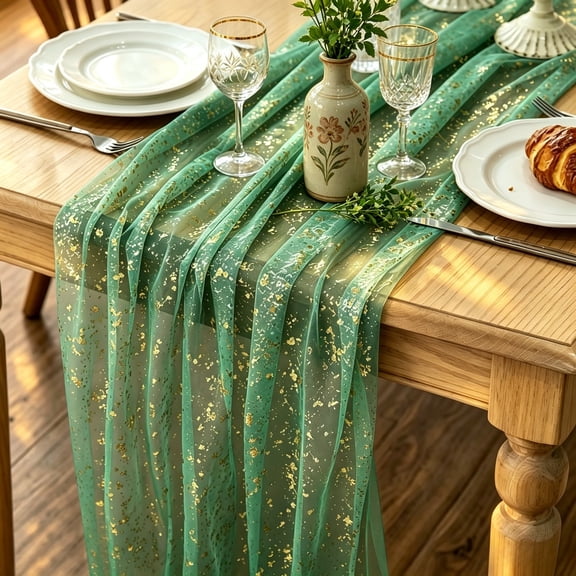 2 Pcs Gold Table Runners, 10FT Beige Foil Gauze Table Runner for Wedding Party Birthday Anniversary Table Decor