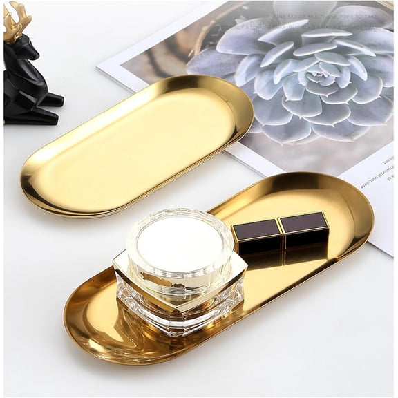 2 Pcs Gold Vanity Tray, Stainless Steel Decorative Tray, for Serving Trays Towel Storage Dish Plate Tea Fruit Trays Jewelry Cosmetics Plate Decorative Storage Tray (Gold 2pcs, 7x3.34inch)