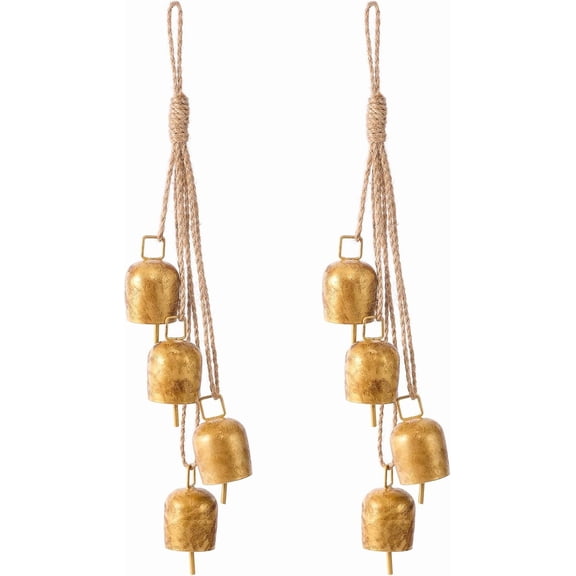 2 Pcs Gold Vintage Bells with Hanging Rope, Decorative Metal Cow Bells for Weddings, Parties, and Christmas DIY Wreaths, Home Decor (2)