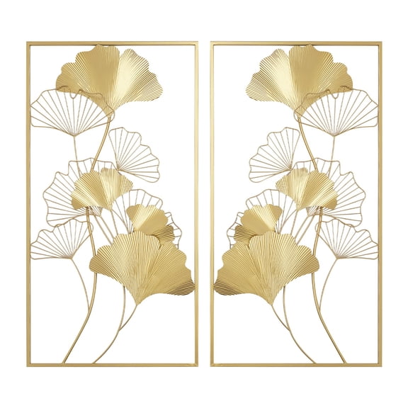 2 Pcs Golden Ginkgo Leaves Wall Decor, 3D Room Wall Decor Leaves Gold, Art Wall Sculpture with Frame for Living Room, Bedroom, Offices, Lobbies, Hotels, 19.7"Wx 39"H