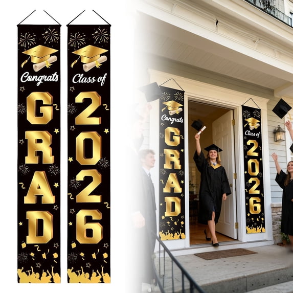 2 Pcs Graduation Decorations 2026 Porch Banner Set, Congrats Grad Class of 2026 Black Banner 30X180cm for Door Porch Outdoor Party Decor