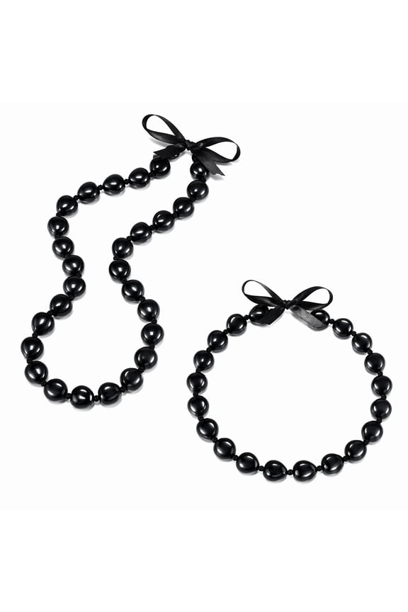 2 Pcs Graduation Kukui Nut Necklace,56 Inch Acrylic Black Hawaiian Luau Wreath Necklace with Bow,Ideal for Graduation Season Jewelry Accessories Birthday Party Decor Memorial Gifts