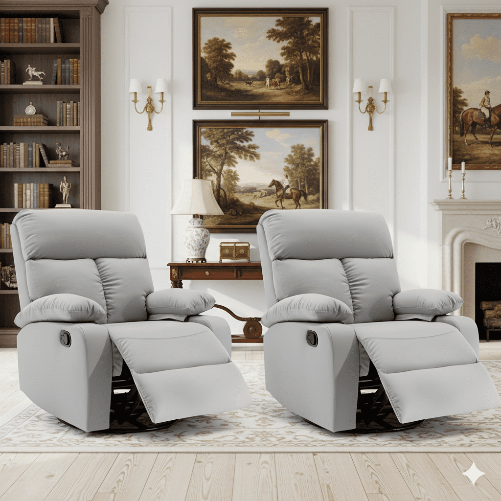 2 Pcs Gray Ergonomic Swivel Recliner Chair for Living Room, Manual Rocking Recliner with 360° Rotation, Soft Fabric Lounge Chair for Reading, Movie Nights and Relaxing