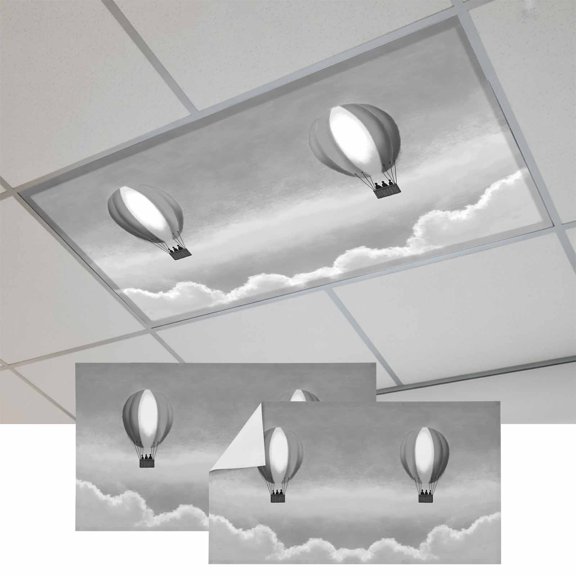 2 Pcs Gray Hot Air Balloon Fluorescent Light Covers White Clouds Fog Sky Minimalist Magnetic Light Covers for Ceiling Lights 4 x 2 ft Drop Ceiling Lights Cover Shade for Office, Home, Hospital