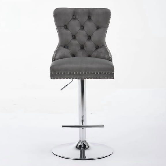 2 Pcs Gray Velvet Swivel Bar Stools, 25-33 Inch Adjustable Height Barstools with Diamond Pleating & Tufted Buttons, Chrome Base Bar Chairs for Kitchen Island Home Pub-Gray + Velvet + Foam