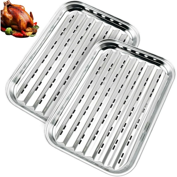 2 Pcs Grill Trays, Dingrich Stainless Steel Grill Pan with Holes, Reusable Grill Basket for Parties Baking Cooking Picnic Indoor Outdoor (13.78 x 9.65 x 1.06 in)