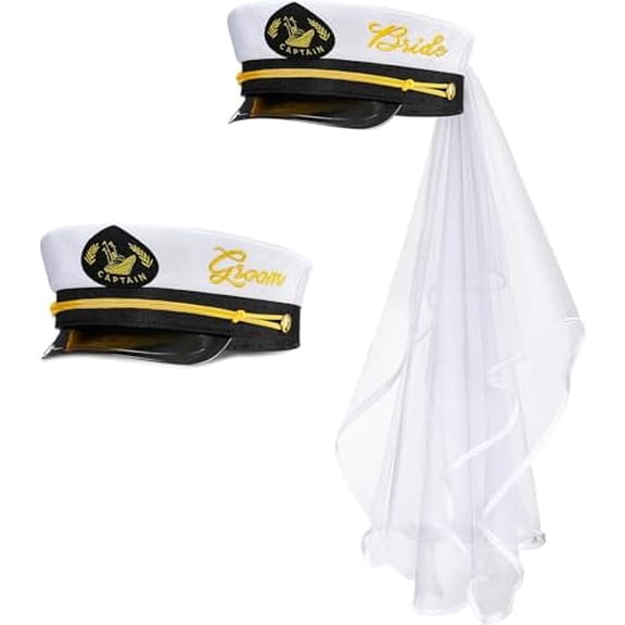 2 Pcs Groom Bride Captain Hat with Veil Bachelor Party Hat Captain Hat Bride Gift for Wedding Bridal Shower Honeymoon