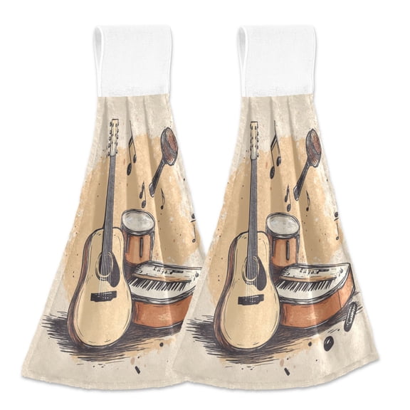 2 Pcs Guitar Piano Marimba Drum Kitchen Hand Towels with Hanging Loops Absorbent Soft Fast Drying Decor Bath Towels
