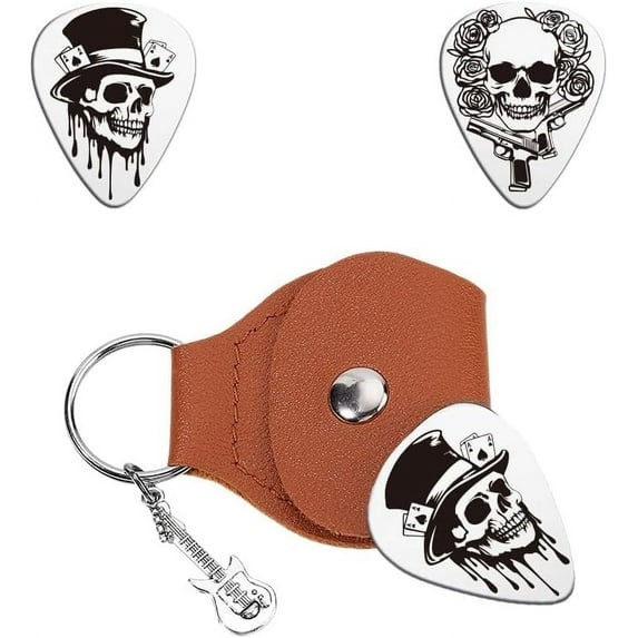 2 Pcs Guitar Picks Gifts Skull Plectrum Guitar Stainless Steel Guitar Picks with PU Leather Guitar Picks Holder Skeleton Circus Plectrum Guitar Accessories for Guitar Lover