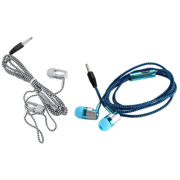 2 Pcs H-169 3.5mm MP3 MP4 Wiring Subwoofer Braided Cord, Music Headphones with Wheat Wire Control, Blue & Silver