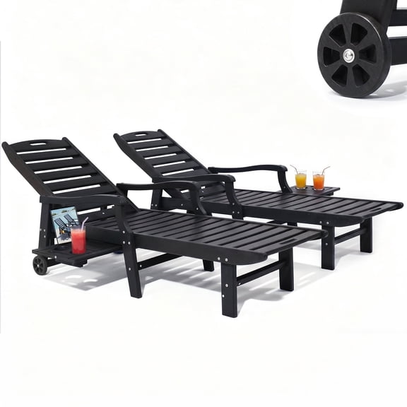 2 Pcs HDPE Patio Chaise Lounge Chair with Pull-Out Side Tray, 5-Position Adjustable, for Patio, Deck, Backyard Black