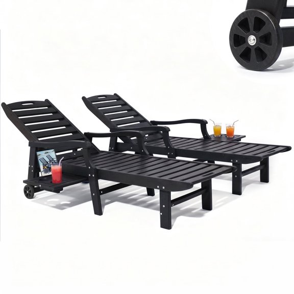 2 Pcs HDPE Patio Chaise Lounge Chair with Pull-Out Side Tray, 5-Position Adjustable, for Patio, Deck, Backyard Black