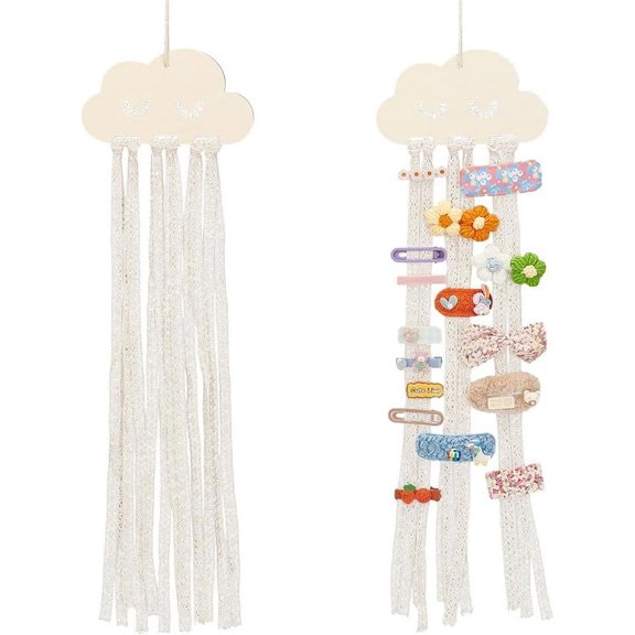 2 Pcs Hair Holder 29.92x7.09 Inch Wooden Hair Clip Hanging Holder Cloud Hairpin Storage Organizer with Rope Clips Organizer for Storage or Decoration Old Lace Brown