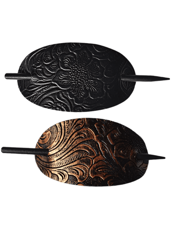 2 Pcs Hairpin Ponytail Holders, Retro Oval Leather Barrette with Wood Hair Stick, Embossed Clips for Women, Vintage Hair Styling Accessories for Updos and Daily Wear