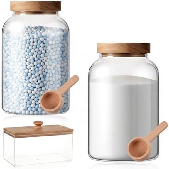 2 Pcs Half Gallon Glass Laundry Storage Containers Jars Set 1 Pcs Acrylic Dryer Sheet Holder Laundry Pods Container with Acacia Lid 2 Spoon for Detergent Powder Scent Beads Bath Bombs Salt