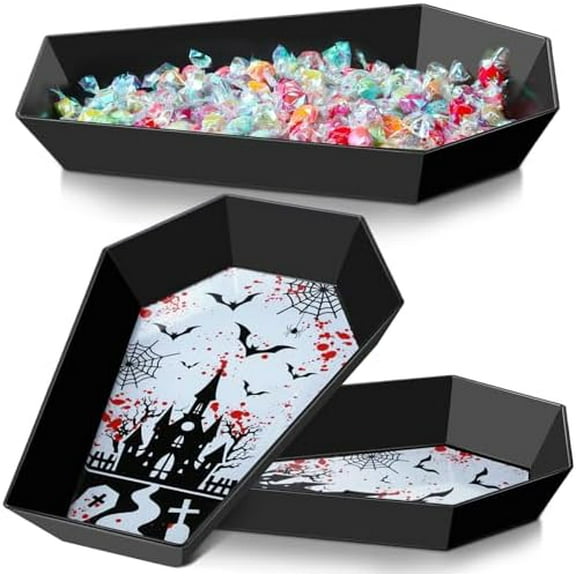 2 Pcs Halloween Candy Bowl Plastic Coffin Shaped Serving Tray Spooky Serving Dish Trick or Treat Candy Platter for Halloween Party Food Storage Charcuterie Board Serving Supplies (Skull)