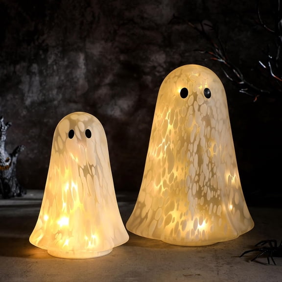 2 Pcs Halloween Confetti Ghost Glass Table Light Set, Cute Glass Ghost Light up for Home Halloween Party Tabletop Kitchen Counter Fireplace Mantle Halloween Decorations Perfect Gifts