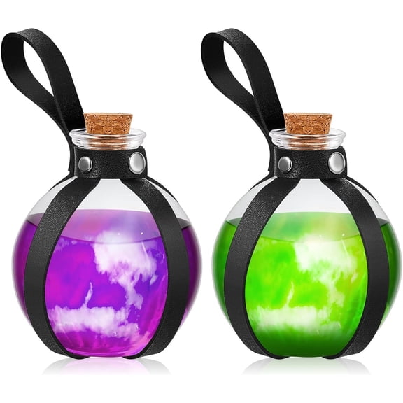 2 Pcs Halloween Glass Potion Bottles with Belt and Cork, Renaissance Witch Costume Accessories, Witch Props for Halloween Party Decor Cosplay DIY Crafts Gift