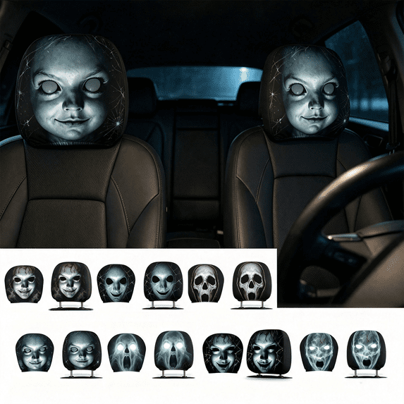 2 Pcs Halloween Horror Face Car Headrest Covers, Spooky Scary Doll Skull Ghost Print Car Seat Headrest Pillow Cases, Stretch Fabric Automotive Interior Decor For Halloween Prank Vehicle Accessories