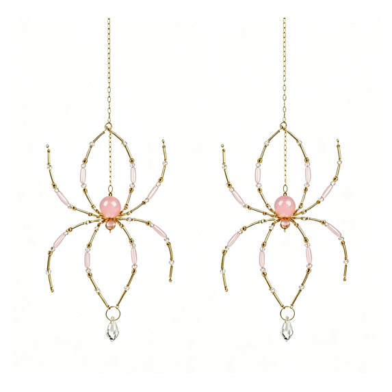 2 Pcs Halloween Ornaments for Tree, 3.94 X 13.39 Inch Gold Framed Pink Beaded Crystal Spider Pendant Light Catching Glass Hanging Decor for Indoor Window Garden Halloween Christmas Gift