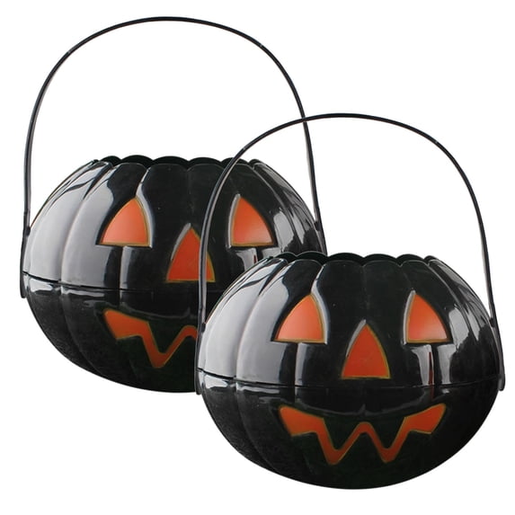 2 Pcs Halloween Pumpkin Candy Bucket, 6.9X3.7" Foldable Jack O Lantern Pail, Plastic Candy Holder, Colored Treat Container, Halloween Party Prop, Pumpkin Barrel for Holiday, Trick or Treat Supplies