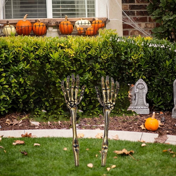 2 Pcs Halloween Skeleton Arm Stake Set, Wenini Inserted Ghost Hand Broken Claw Artificial Human Bone Props, Outdoor Tombstone Decoration for Cemetery Yard Party, Gold
