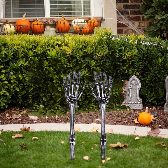 2 Pcs Halloween Skeleton Arm Stake Set, Wenini Inserted Ghost Hand Broken Claw Artificial Human Bone Props, Outdoor Tombstone Decoration for Cemetery Yard Party, Silver