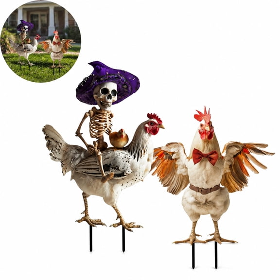 2 Pcs Halloween Yard Decorations Stakes, Funny Skeleton Riding Chicken Bowtie Rooster Garden Signs For Lawn Patio