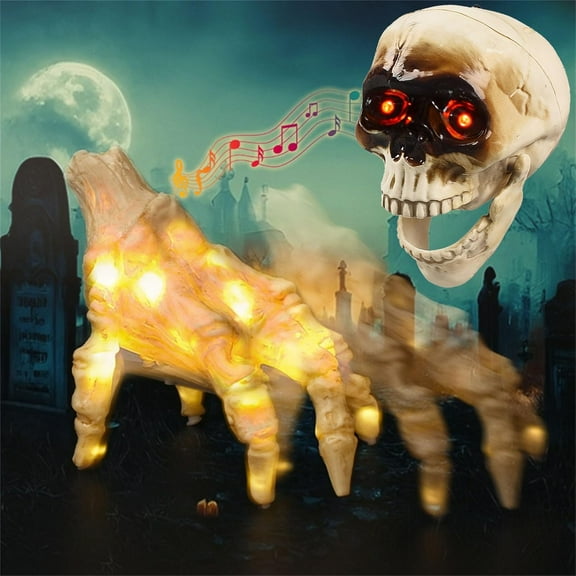 2 Pcs Halloween Zombie Crawling Hands and Skull with Sound Activated,Skull with Red LED Eyes, Animated Zombie Hand and Head with Light & Sound,Hanging Skeleton Head for Outdoor Indoor Haunted House