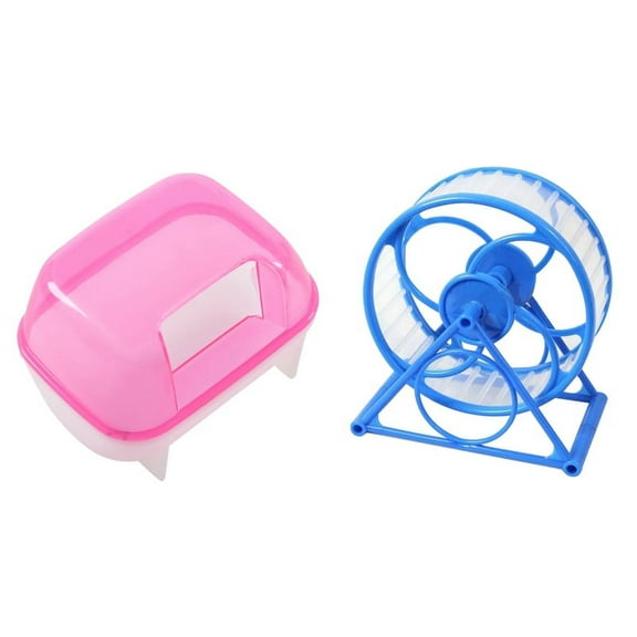 2 Pcs Hamster Supplies: 1 Pcs Pink White Small Hamster Bathing Sand Cage Pet Bathroom 10 X 7 X 7Cm & Pet Jogging Hamster Mouse Mice Small Exercise Toy Running Spinner Sports Wheel