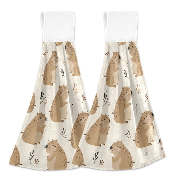 2 Pcs Hand Drawn Capybaras Kitchen Hand Towels with Hanging Loops Absorbent Soft Fast Drying Decor Bath Towels
