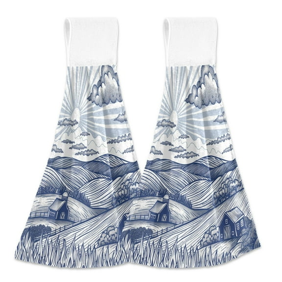 2 Pcs Hand Drawn Farm House Kitchen Hand Towels with Hanging Loops Absorbent Soft Fast Drying Decor Bath Towels