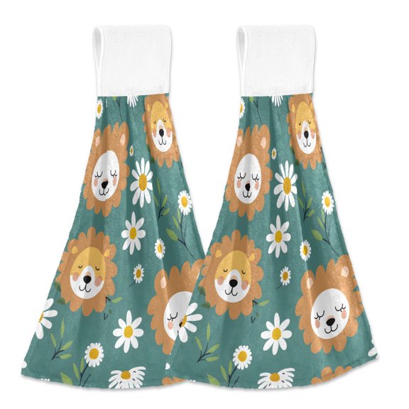 2 Pcs Hand Drawn Lion Face and Daisy Kitchen Hand Towels with Hanging Loops Absorbent Soft Fast Drying Decor Bath Towels