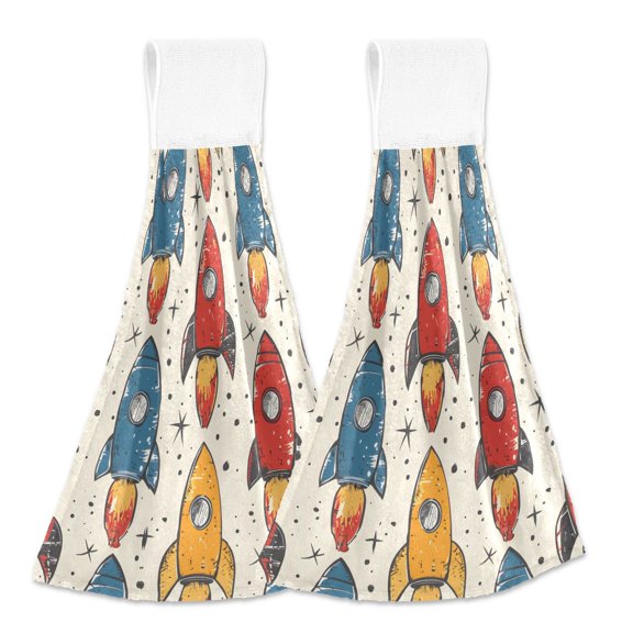 2 Pcs Hand Drawn Rocket Kitchen Hand Towels with Hanging Loops Absorbent Soft Fast Drying Decor Bath Towels