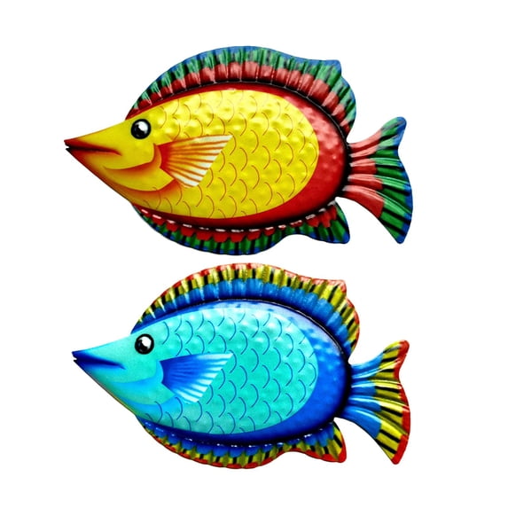 2 Pcs Hand Painted Multi-Color Tropical Fish Wall Metal Plaque Sculpture