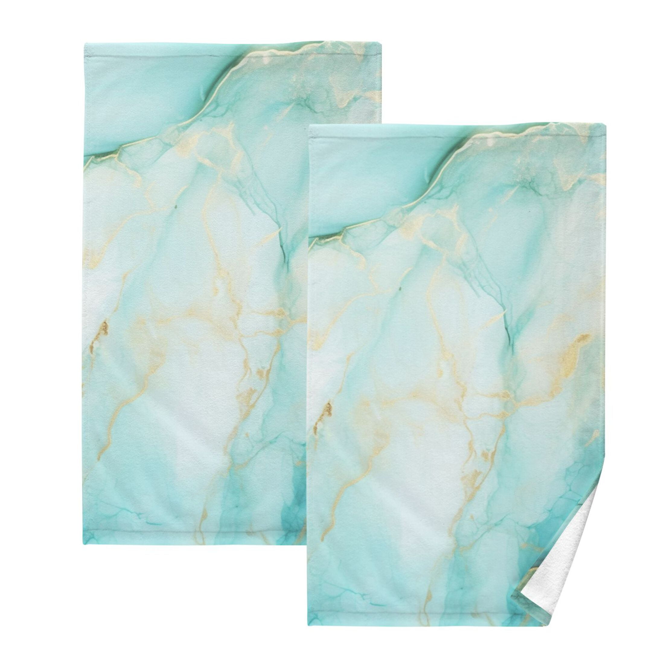 2 Pcs Hand Towel Set Aqua White Marble Cotton Absorbent Soft Face Towels Bath Towels for Bathroom Kitchen Shower Hotel Decor 16"x28"