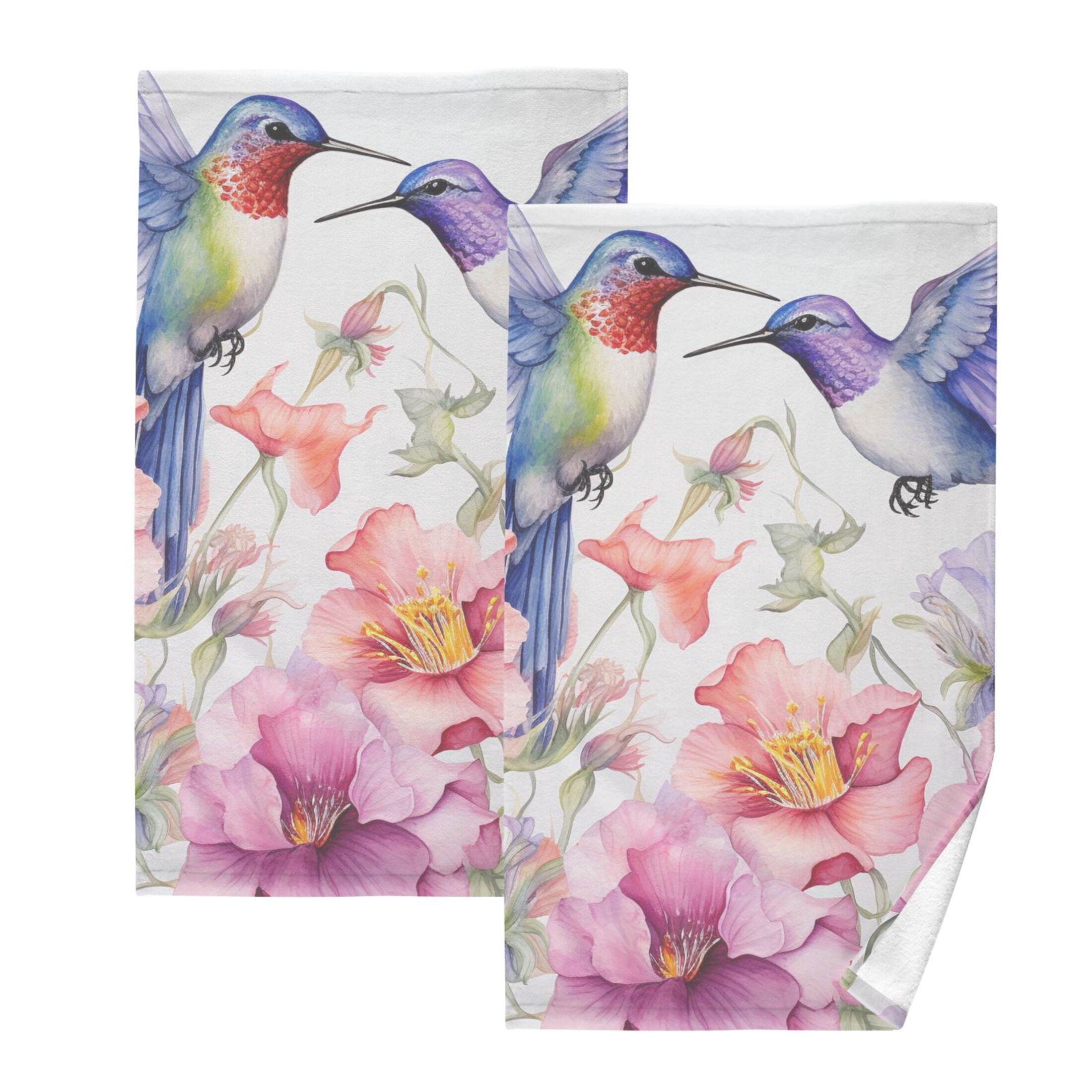 2 Pcs Hand Towel Set Couple Hummingbird with Flower Cotton Absorbent Soft Face Towels Bath Towels for Bathroom Kitchen Shower Hotel Decor 16"x28"